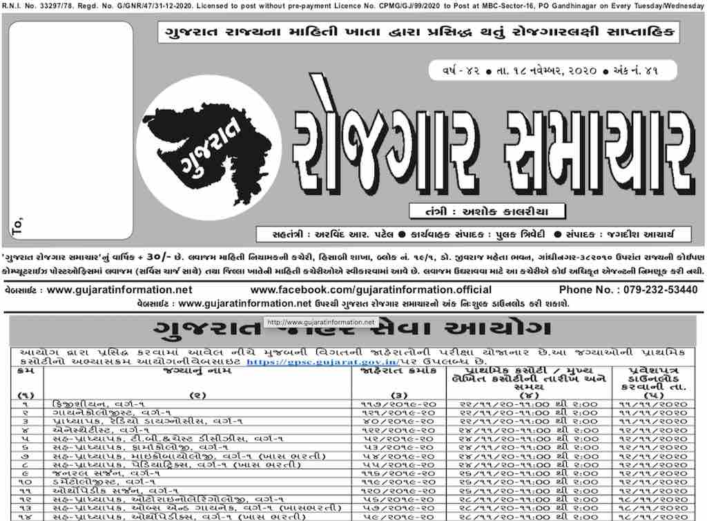 Gujarat Rojgar Samachar, Weekly Employment News in Gujarati 18 November 2020